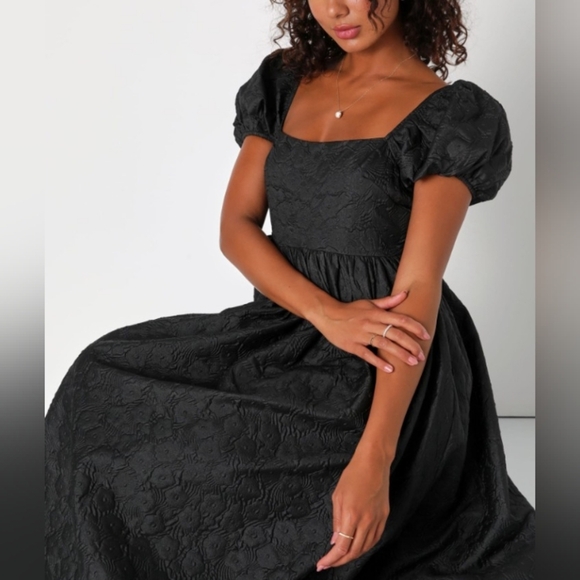 Lulus Adorable Mood Black Floral Jacquard Puff Sleeve Babydoll Dress Size M - Picture 13 of 13